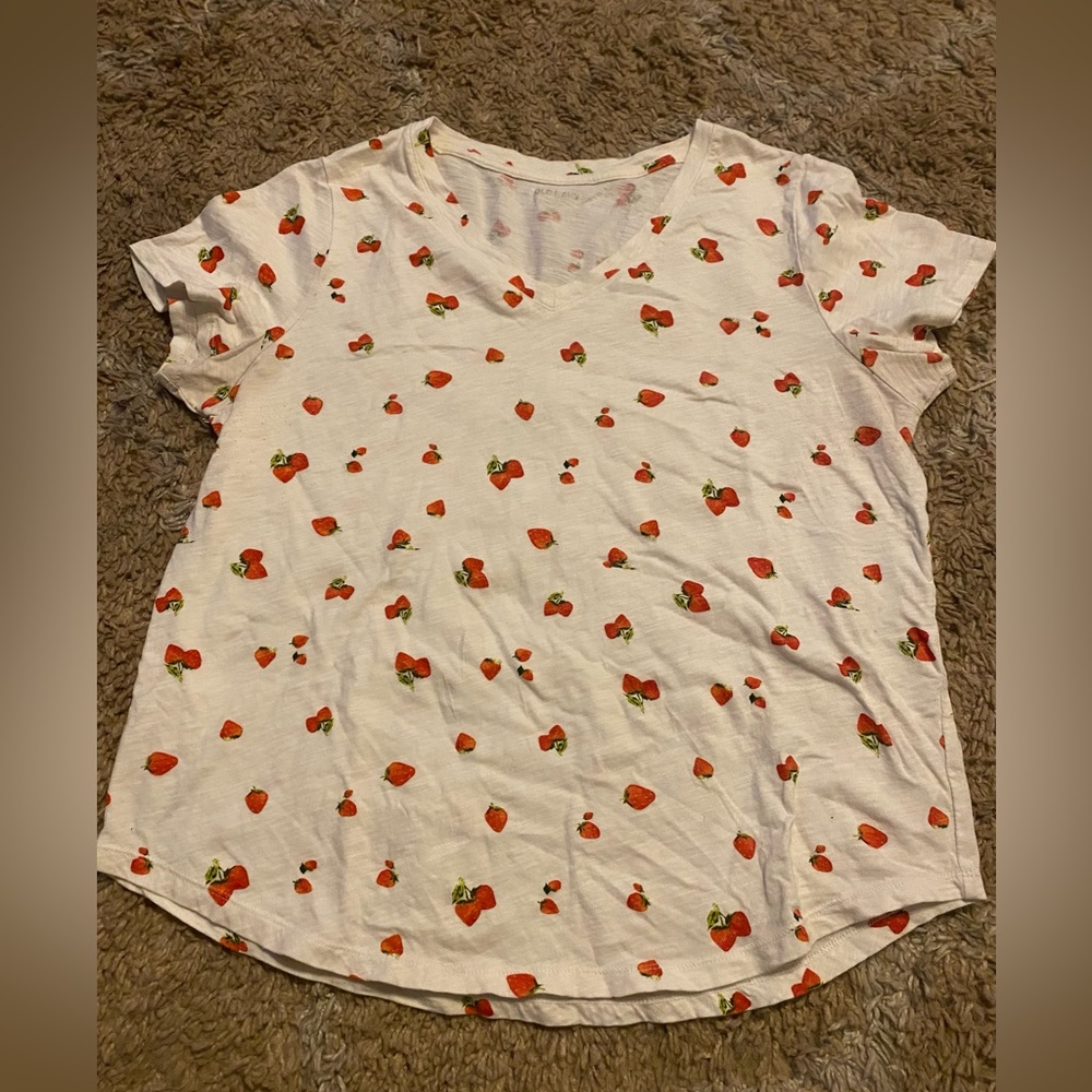 Old Navy white T-shirt with strawberry design, size large